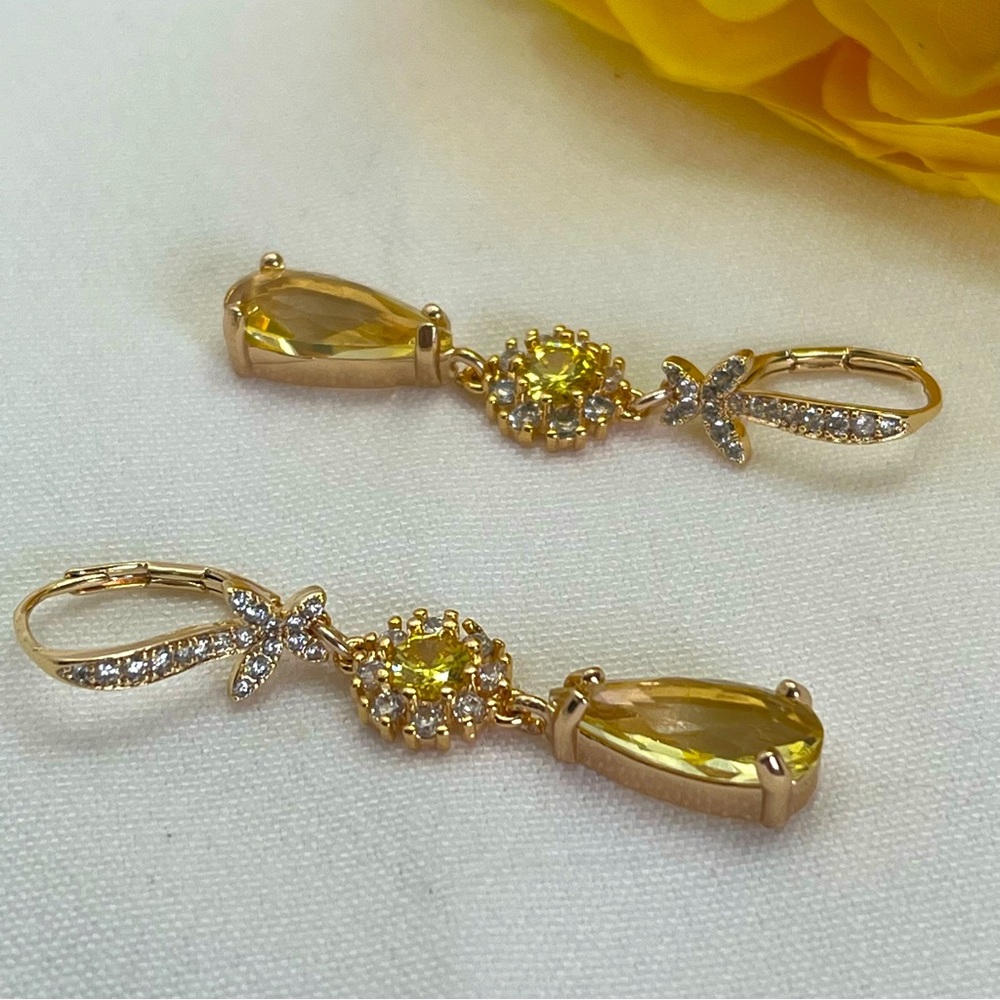Yellow White Flower Rhinestone Glass 18k Gold Butterfly Handmade Dangle Earrings